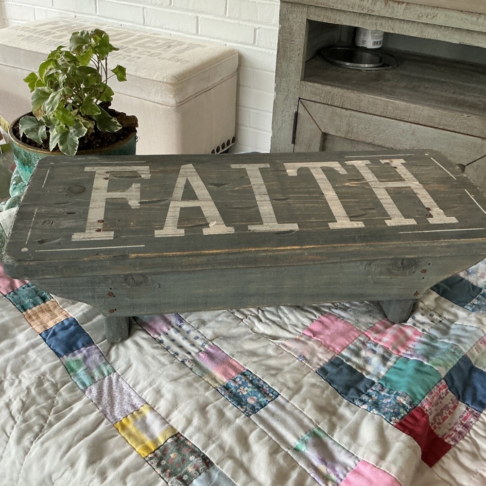 Rustic Wood Faith Decorative Bench Riser Farmhouse Gray Distressed